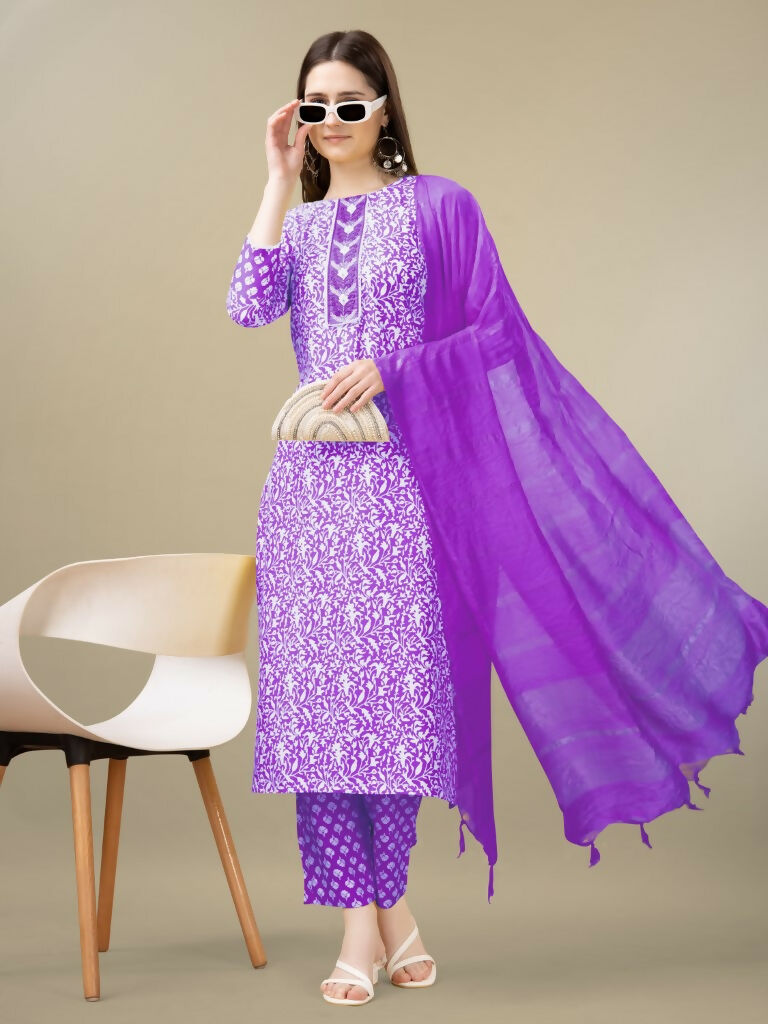 Jyoti Fashion Women's Purple Rayon Embroidery & Sequence work Kurta with Trouser & Dupatta