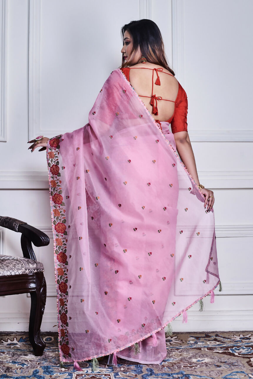 Morchari Pink Supernet Cross Embroidery Saree Unstitched Blouse