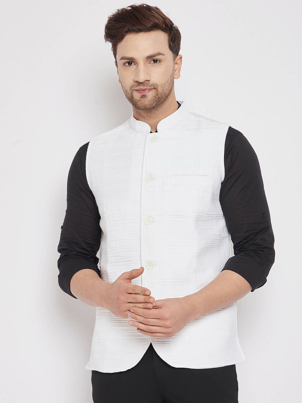 Even Apparels White Cotton Men Woven Nehru Jacket