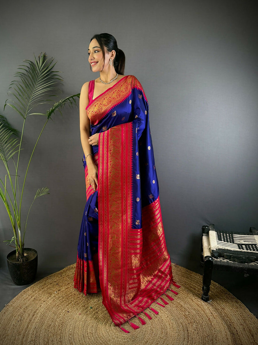 Joban Fashion Banarasi Navy Blue Woven Soft Silk Saree