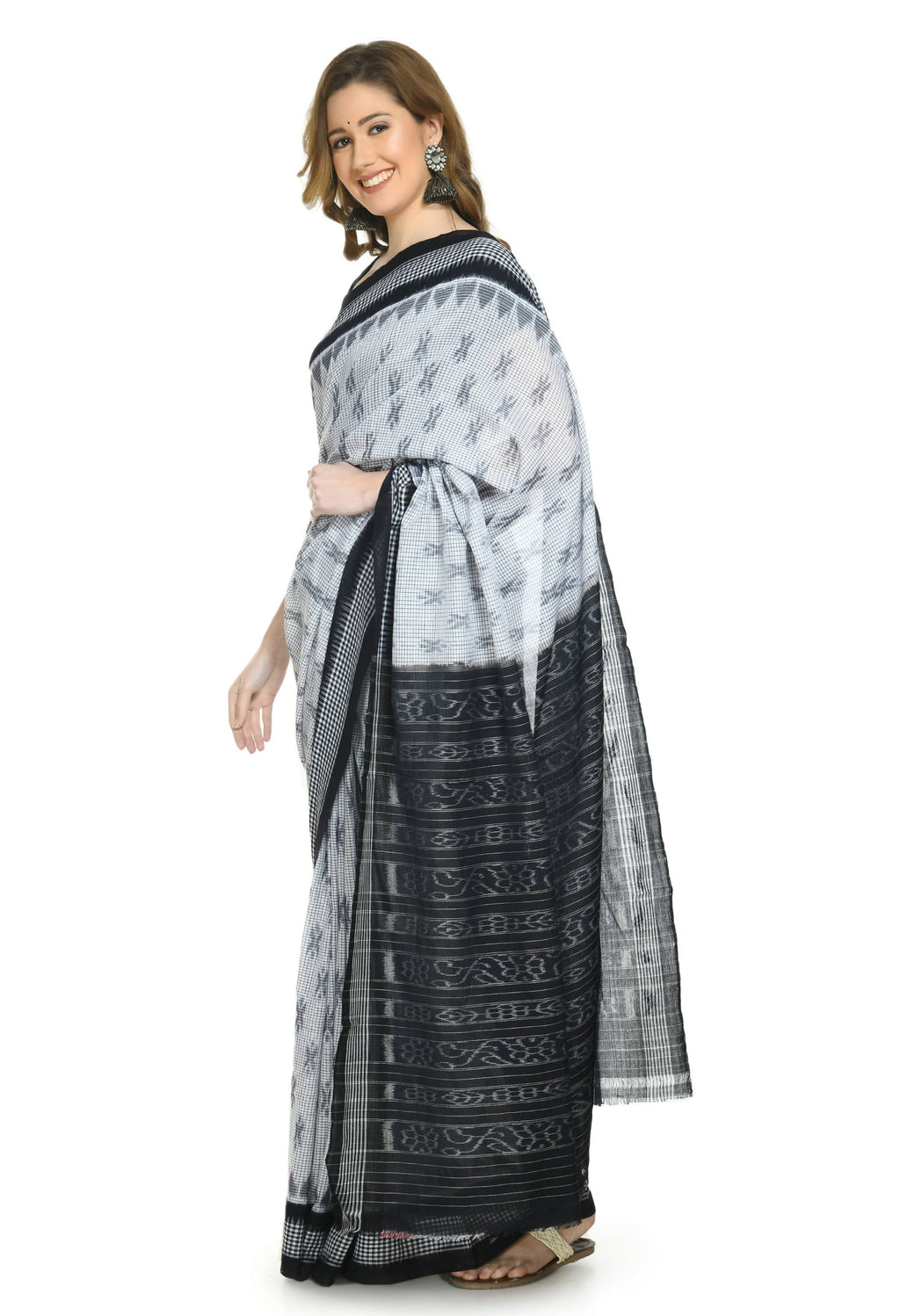 Vamika Sambalpuri Ikat Cotton Dehabandha White & Black Checks Saree