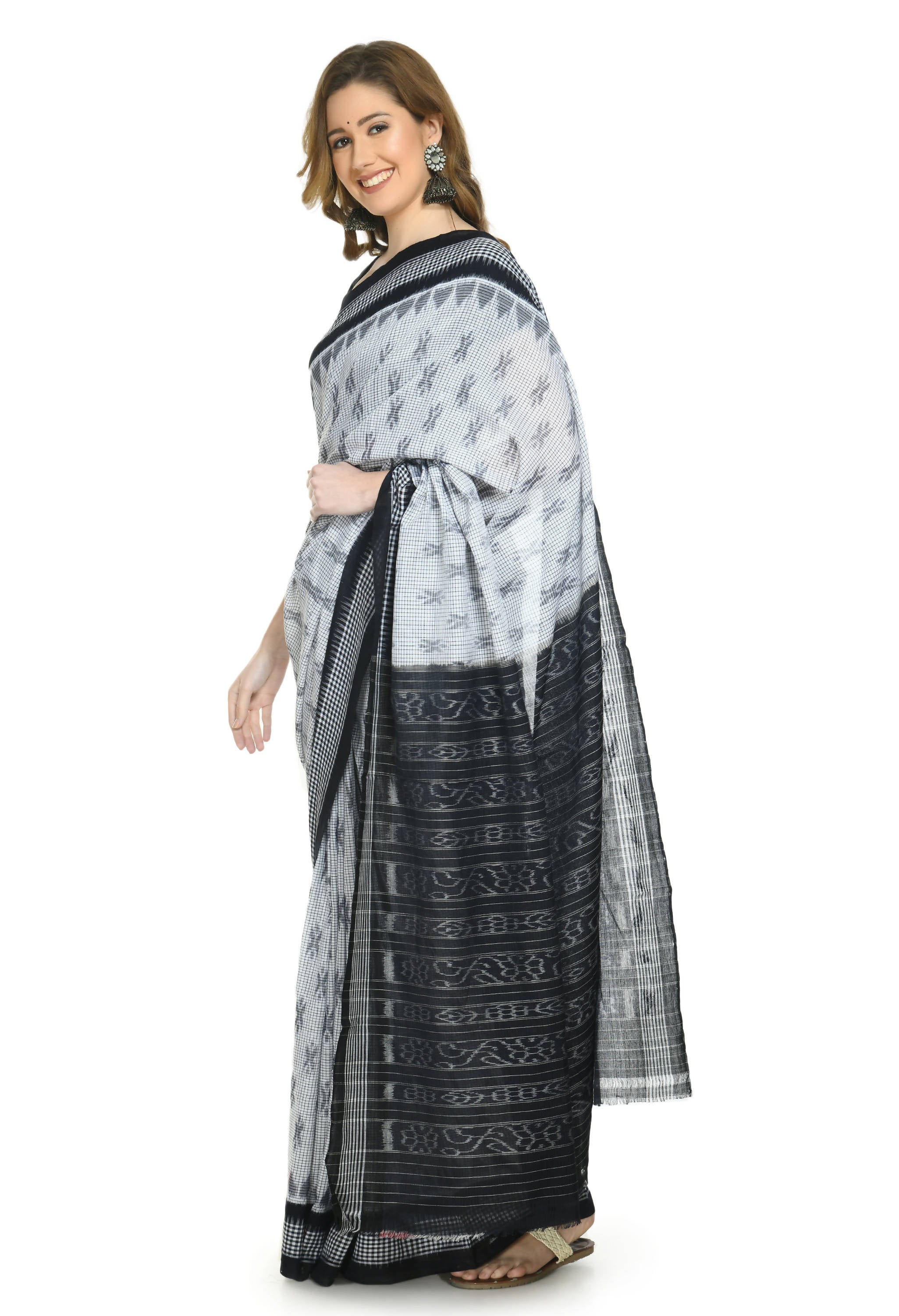 Vamika Sambalpuri Ikat Cotton Dehabandha White & Black Checks Saree