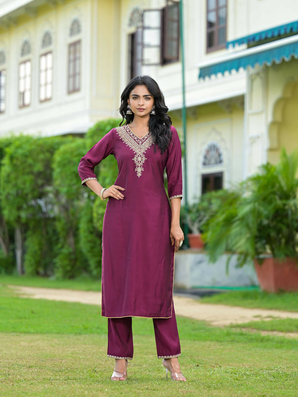 Juniper Women's Wine Solid Viscose Kurta Pant With Dupatta Set With Zari & Mirror Embroidery