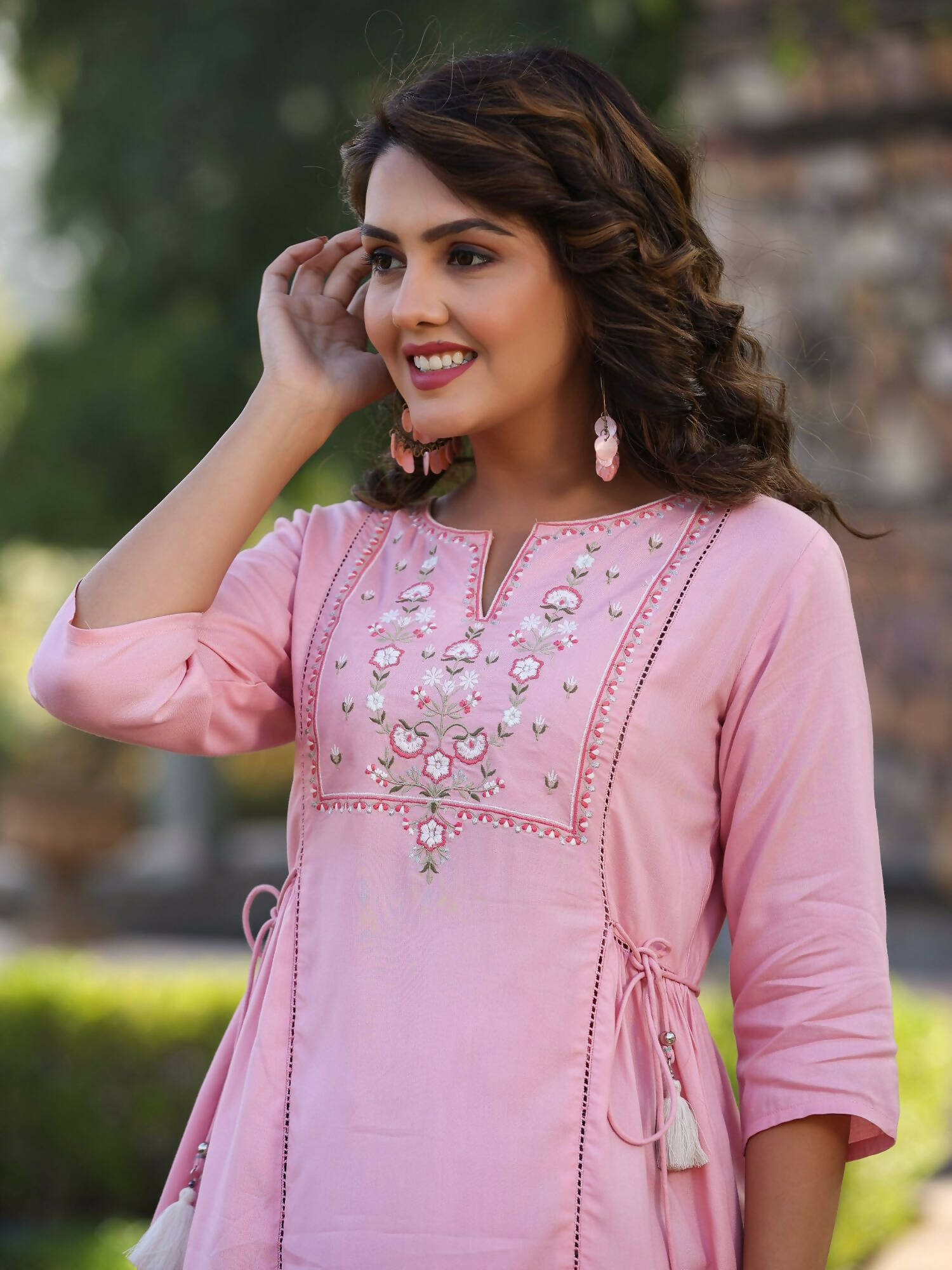 Juniper Women's Pink Rayon Staple Solid With Embroidery Straight Tunic
