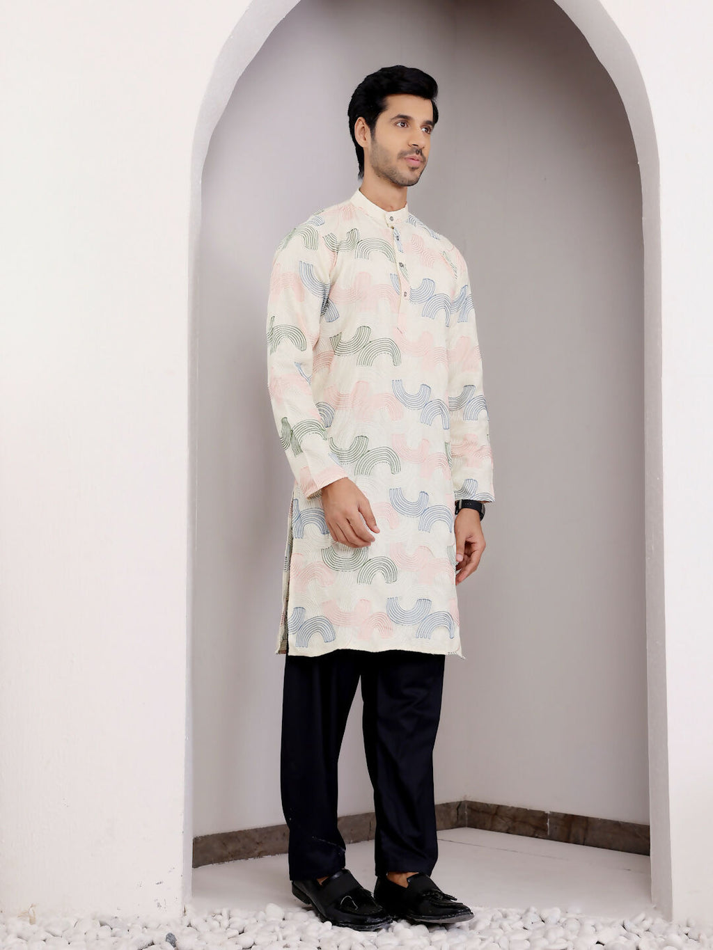 Cream Linen Designer Embroidery Work Men's Rajwadi Kurta Set - Mahotsav