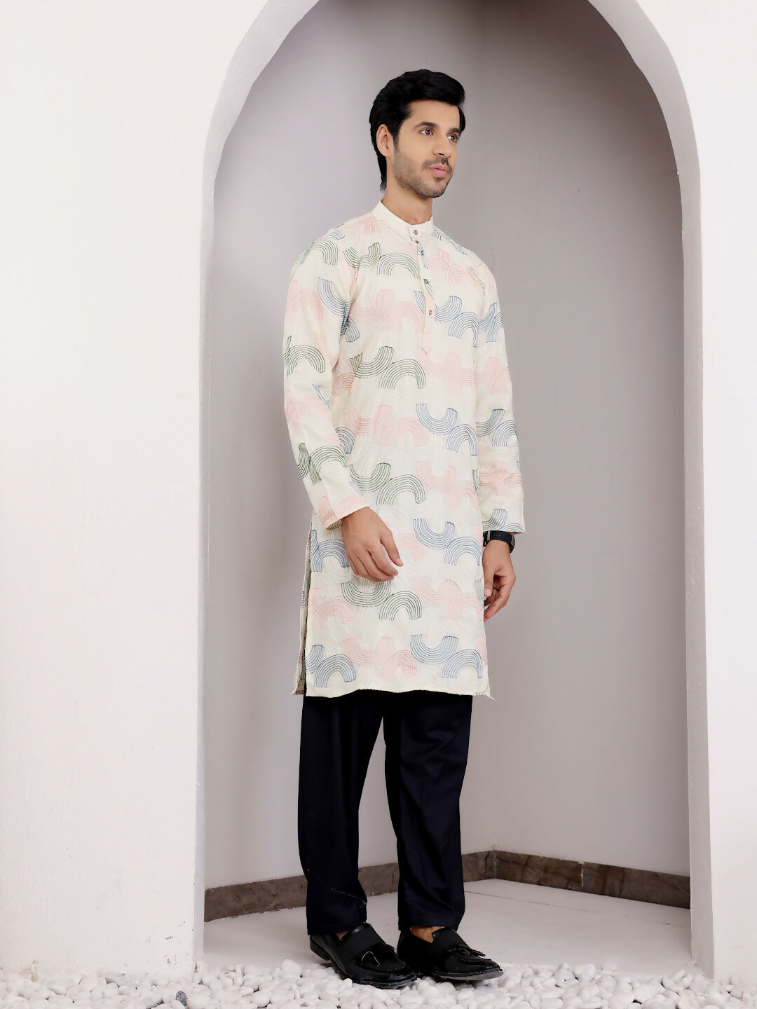 Cream Linen Designer Embroidery Work Men's Rajwadi Kurta Set - Mahotsav