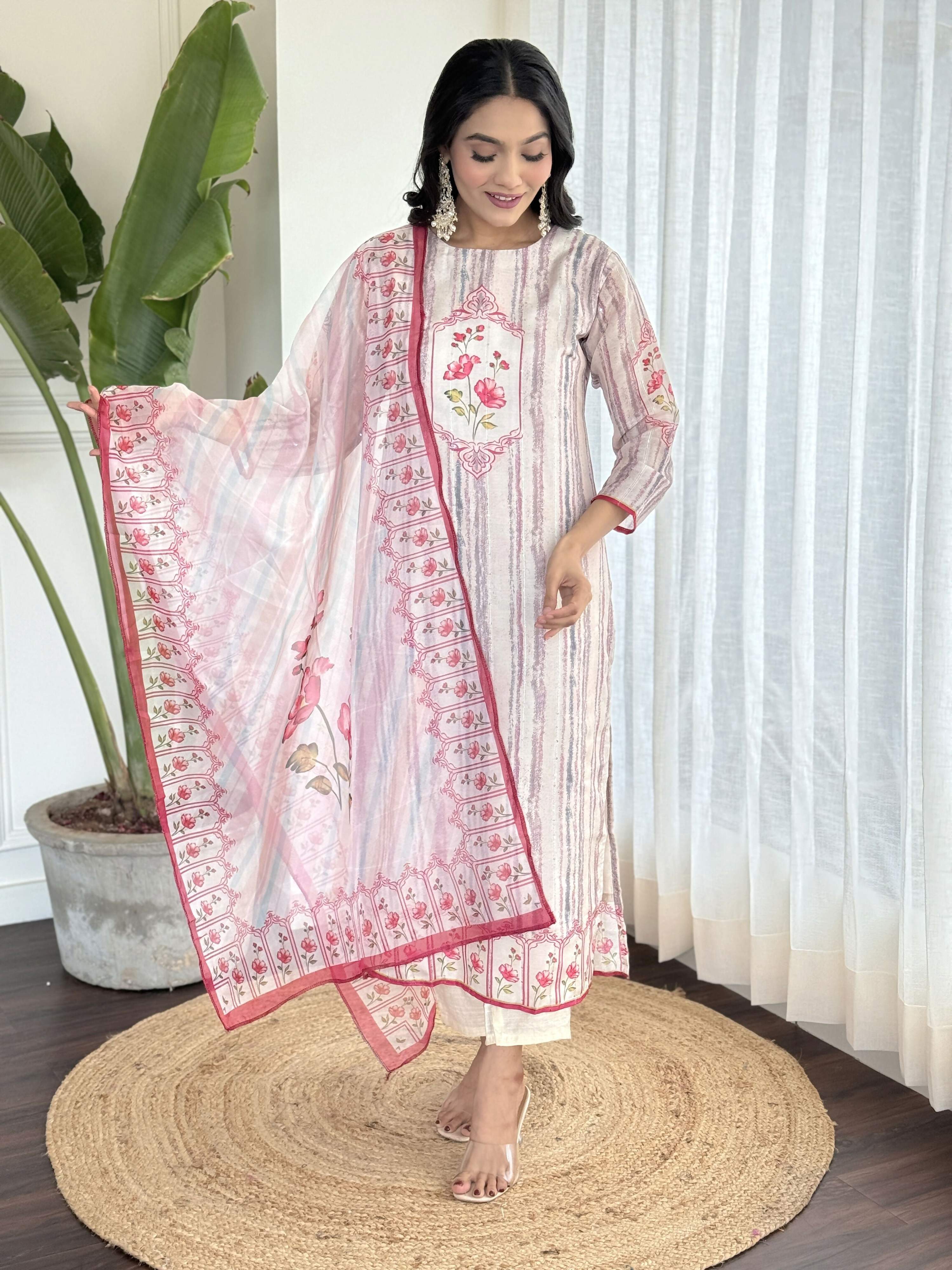 White Multi Viscose Chanderi Stitched Suit With Dupatta - Tanisha