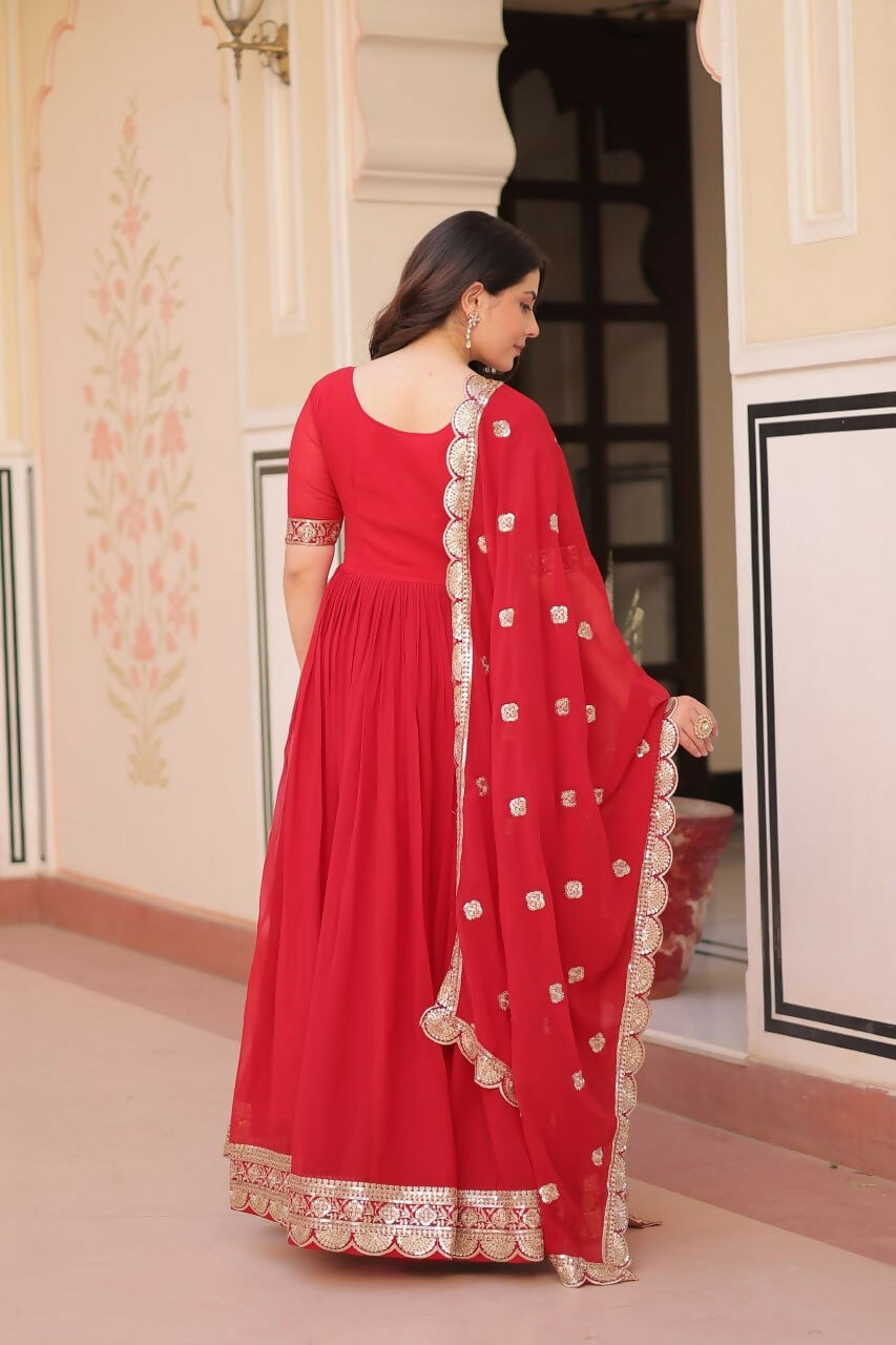 Teeya Creation Red Color Faux Georgette Embroidery Work Wedding Wear Long Gown
