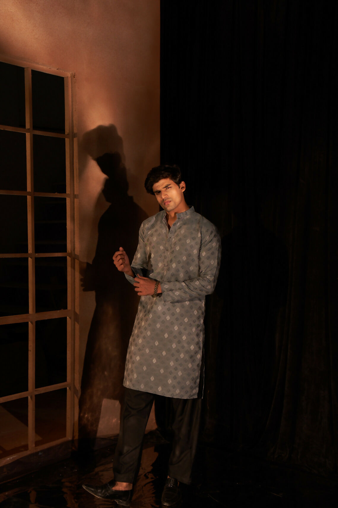 Greyish Blue Viscose Wevon Designer Men's Kurta Set - Mahotsav