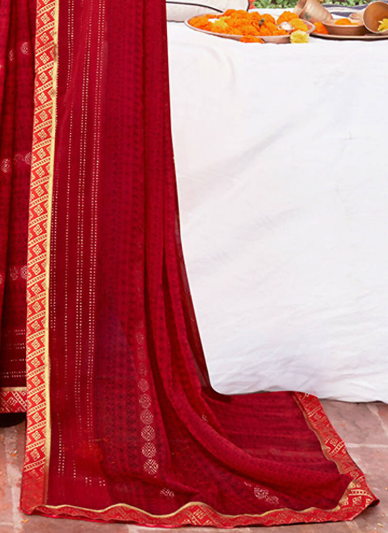 Red Georgette Foil Printed Saree with Unstitched Blouse Piece - Avika