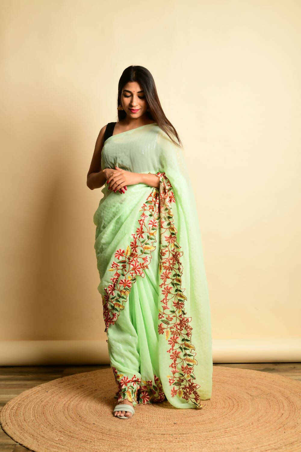 Vamsee Green Georgette Designer Saree