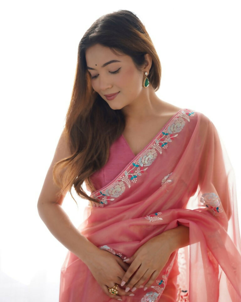 Peach Gold Twill Net Multy Thread, Sequance Embroidery Work Saree - Kriti