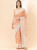 Peach Organza Geometric Embroidered Saree with Unstitched Blouse Piece - Roozal