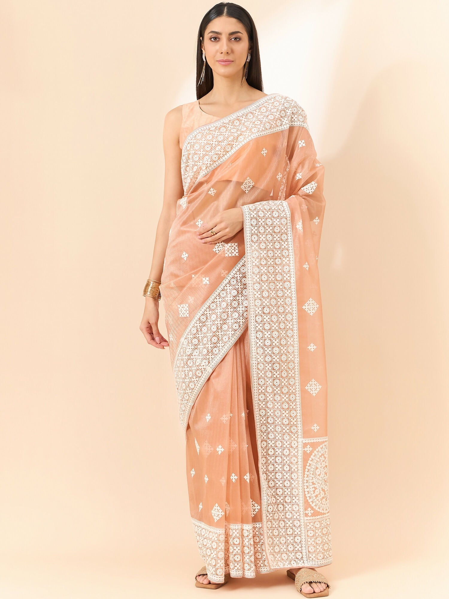 Peach Organza Geometric Embroidered Saree with Unstitched Blouse Piece - Roozal