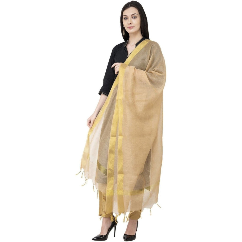 A R Silk Chanderi Chhoda Patta Regular Dupatta Golden Color Dupatta or Chunni