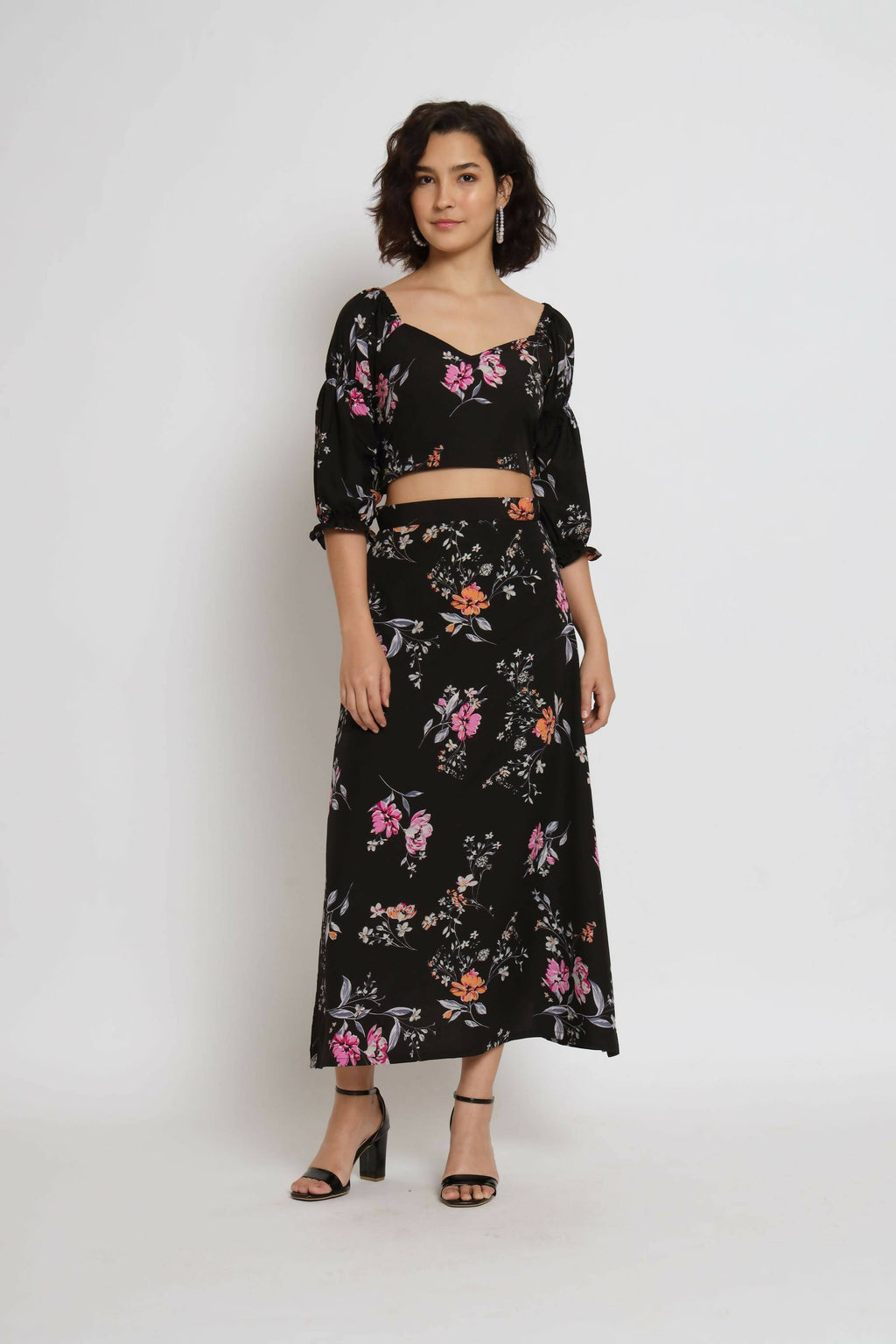 Black Crepe Floral Printed Top with Matching Skirt - Shivani