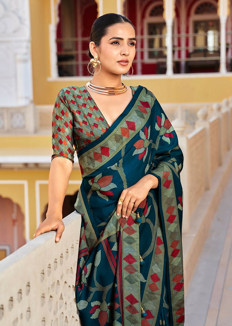 Monjolika Fashion Silk Blend Teal Printed Saree