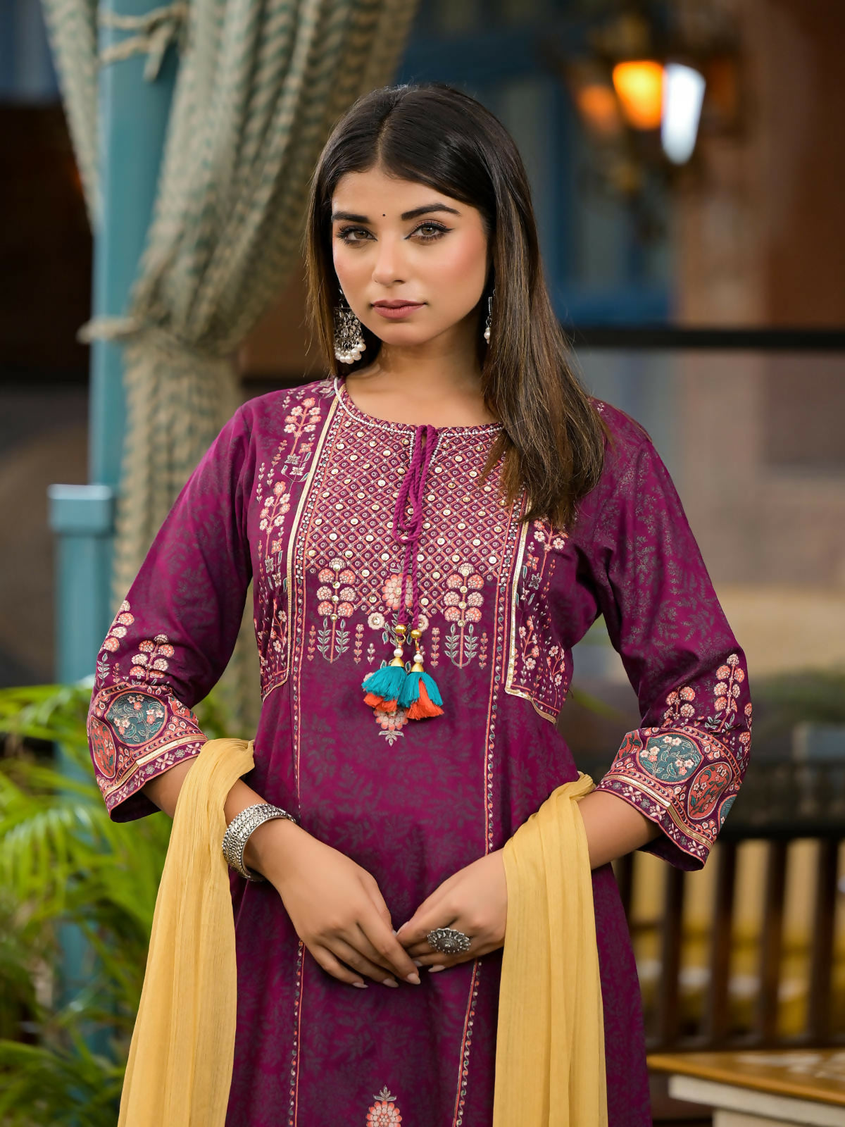 Juniper Women's Plum Floral Printed Liva Rayon Kurta Pant And Dupatta Set With Thread Work Gota Patti & Beads