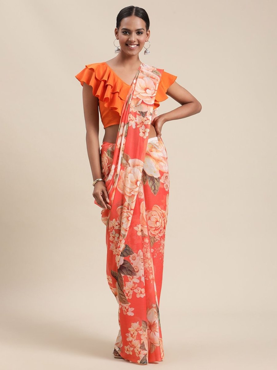 Ahalyaa Women's Orange Colour Chiffon Digital Print Floral Saree