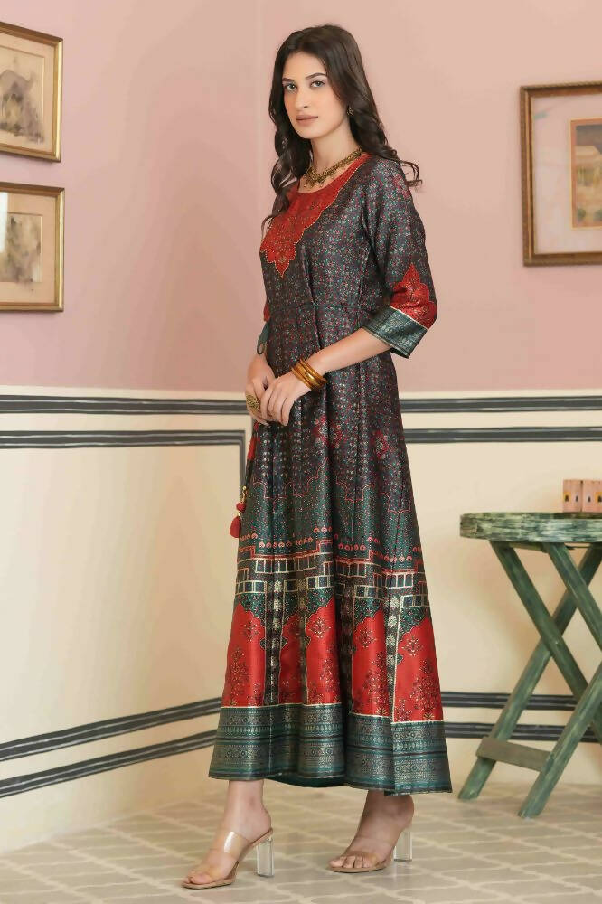 Juniper Green Satin Festive Printed Anarkali Flared Anarkali Kurta For Women
