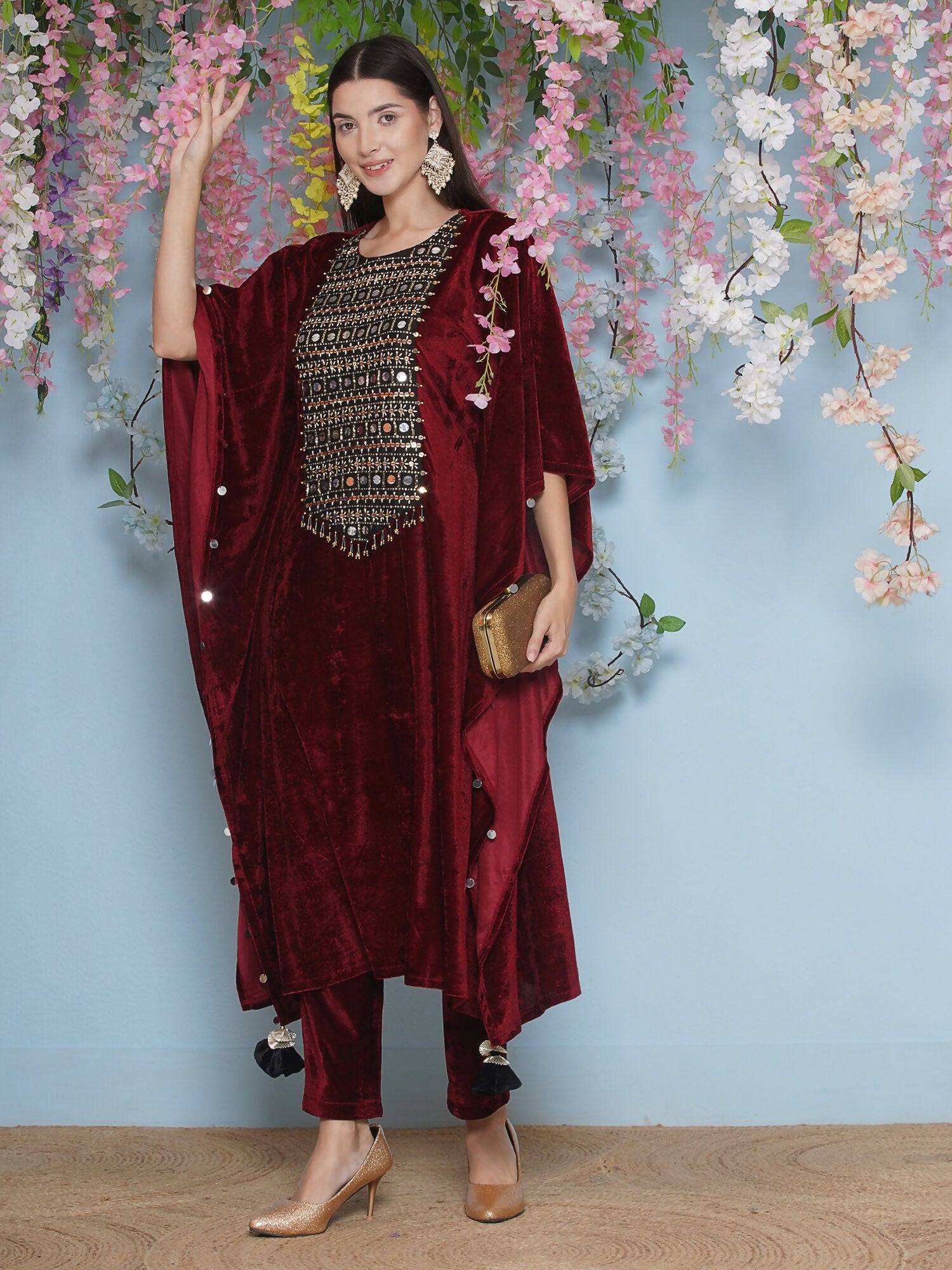 Joban Fashion Maroon Velvet Hand Embellished Kaftaan Set