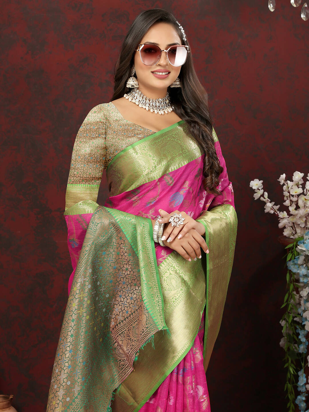 Lorenvalley Fashion Pink Cotton Woven Design Zari Meenakari Weaving Saree
