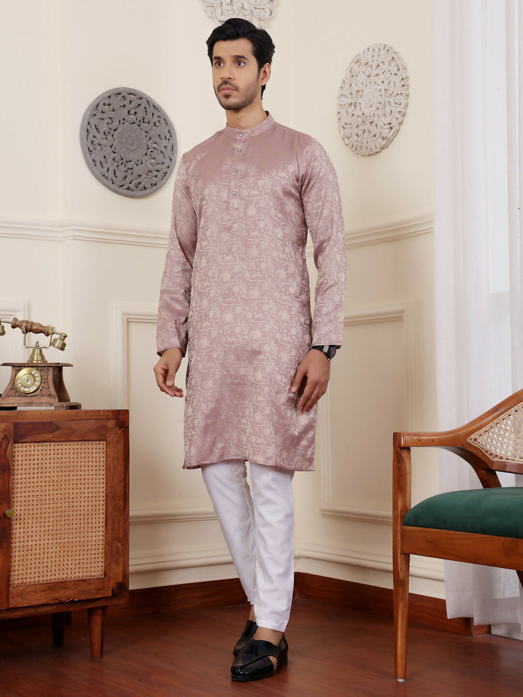 Mauve Modal Silk Wevon Designer Men's Rajwadi Kurta Set - Mahotsav