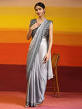 Grey Ombre Satin Georgette Plain Ready to wear Saree with stitched Blouse - Vrinda