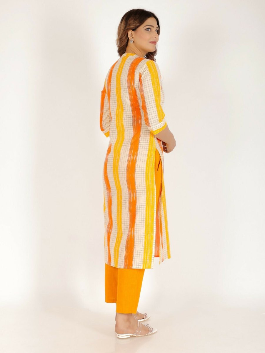 Aramya Yellow Soft Cotton Checkered Print Straight Kurta Set for Women