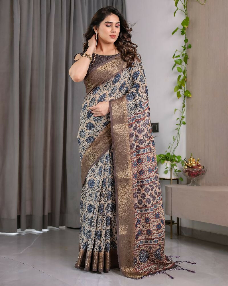 PR Fashion Grey Pure Handloom Linen Saree