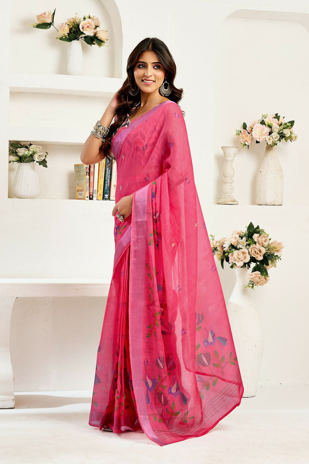 Vastranavya Pink Digital Printed Linen Ready To Wear Designer Saree with Unstitched Blouse