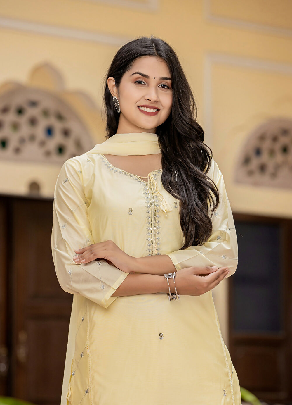 Kaajh Women's Light Yellow Modal Silk Kurta Pant Set With Dupatta