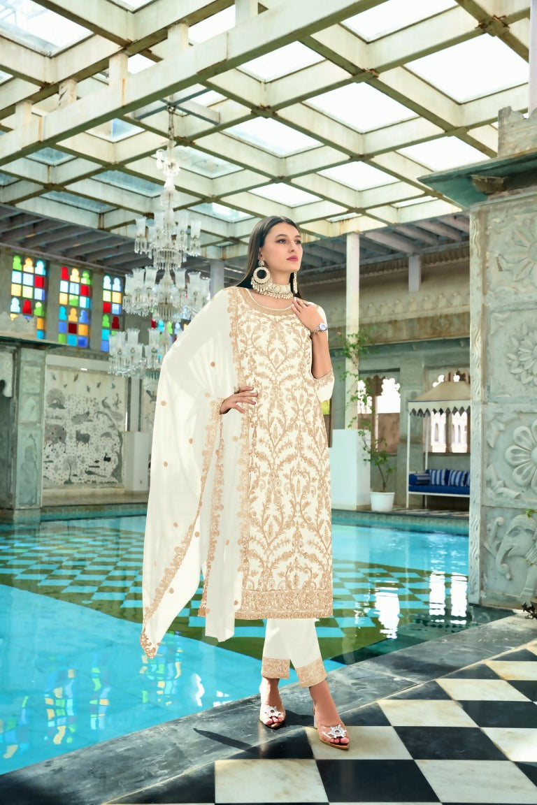 Jyoti Fashion Women's White Faux Georgette Heavy Embroidery and Moti Work Kurta Set