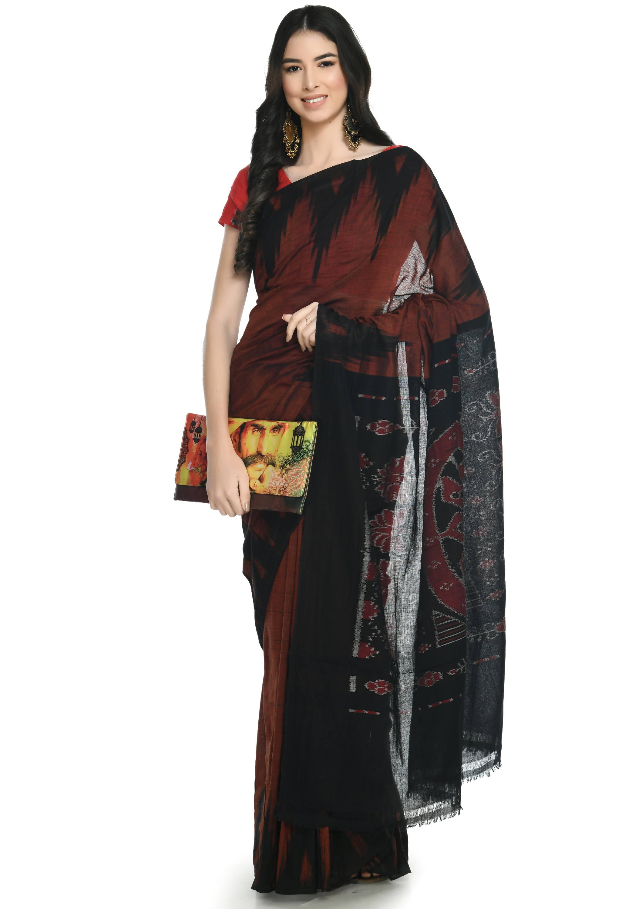 Vamika Sambalpuri Ikat Cotton Kargil Brown & Black Saree