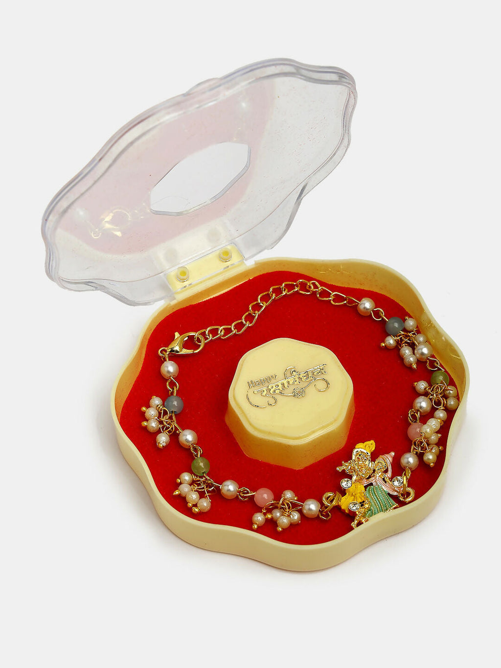 NVR Women & Men Set of 2 Multicolor Gold-Toned Radha Krishna Beaded Bhaiya Bhabhi Rakhi With Roli Chawal & Chocolate