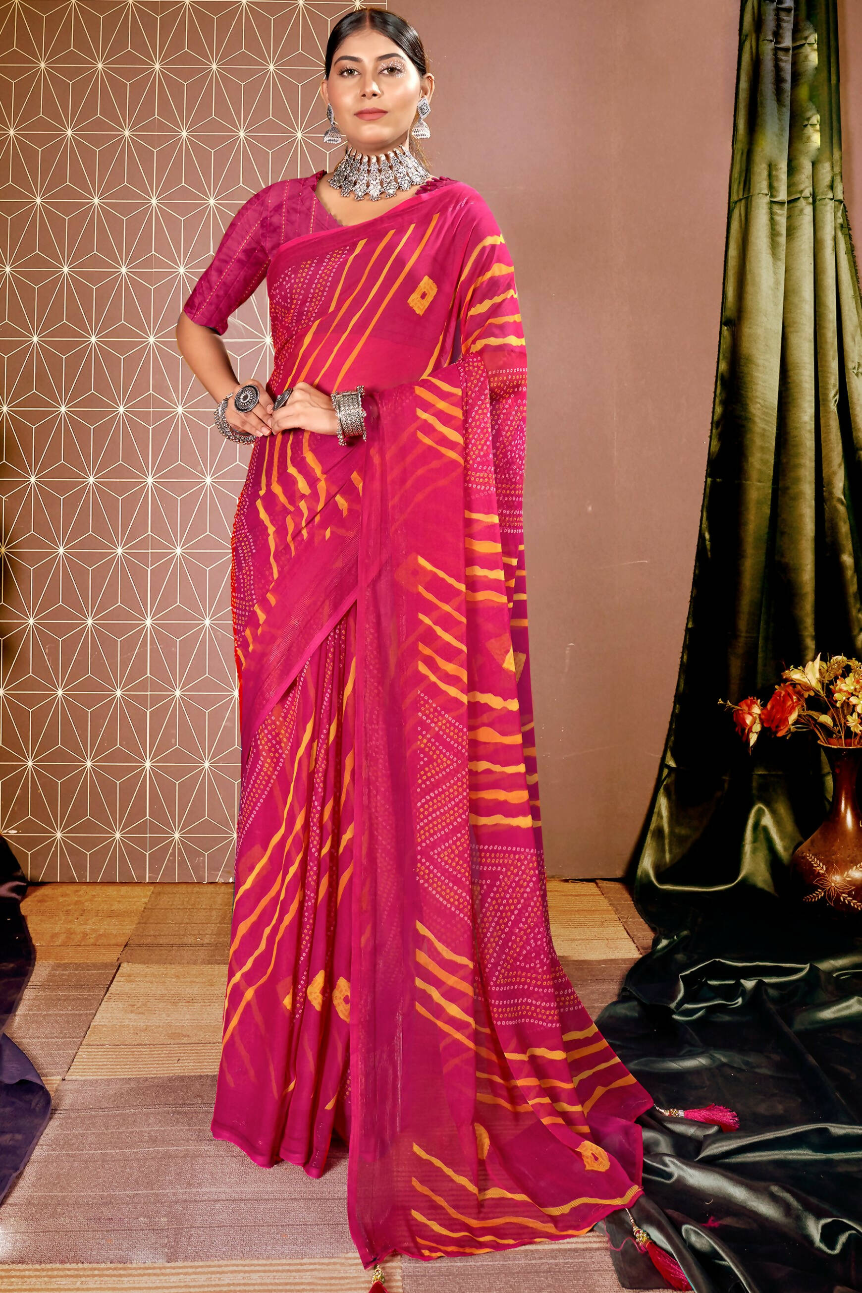 Pink Chiffon Leheriya Printed Saree With Unstitched Blouse Piece - Shanaya