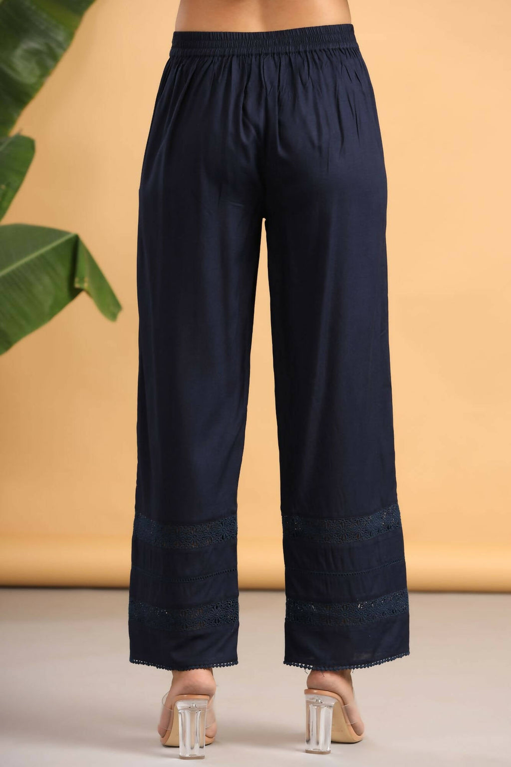 Juniper Women Navy Rayon Woven Design Flared Palazzo