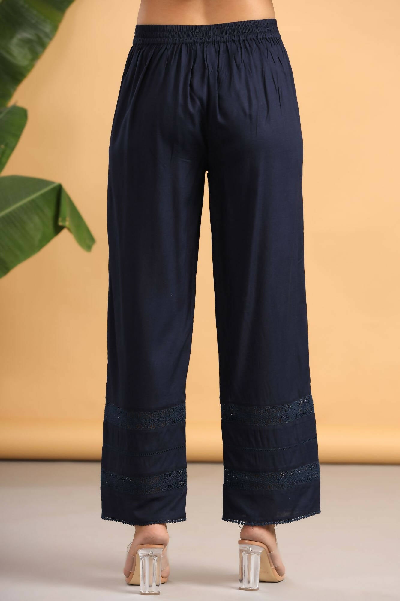 Juniper Women Navy Rayon Woven Design Flared Palazzo