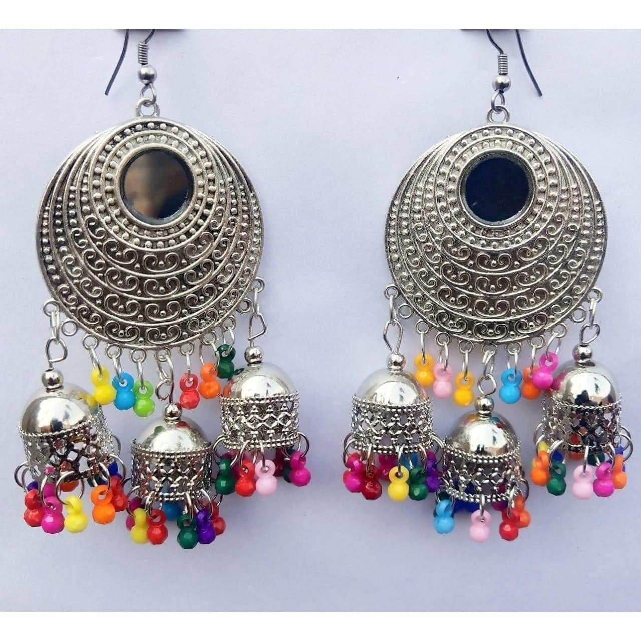MS Fashion India Stylish Fancy Silver Oxidized Chandbali Jhumka Multi Color Pearls Earrings