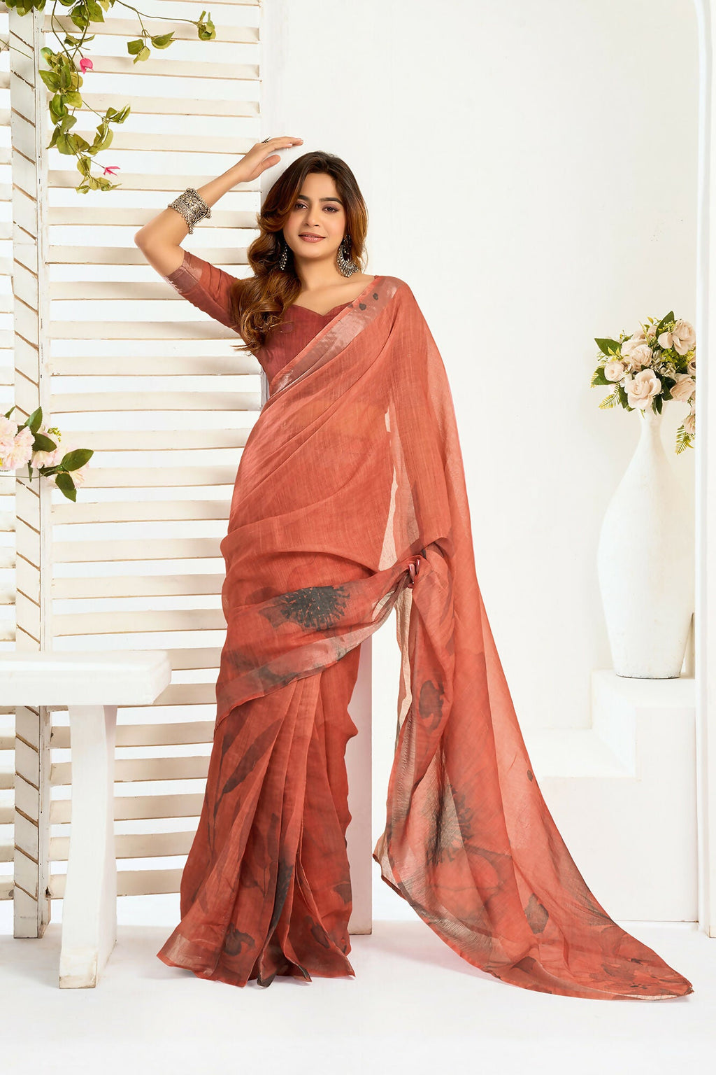 Vastranavya Brown Digital Printed Linen Ready To Wear Designer Saree with Unstitched Blouse