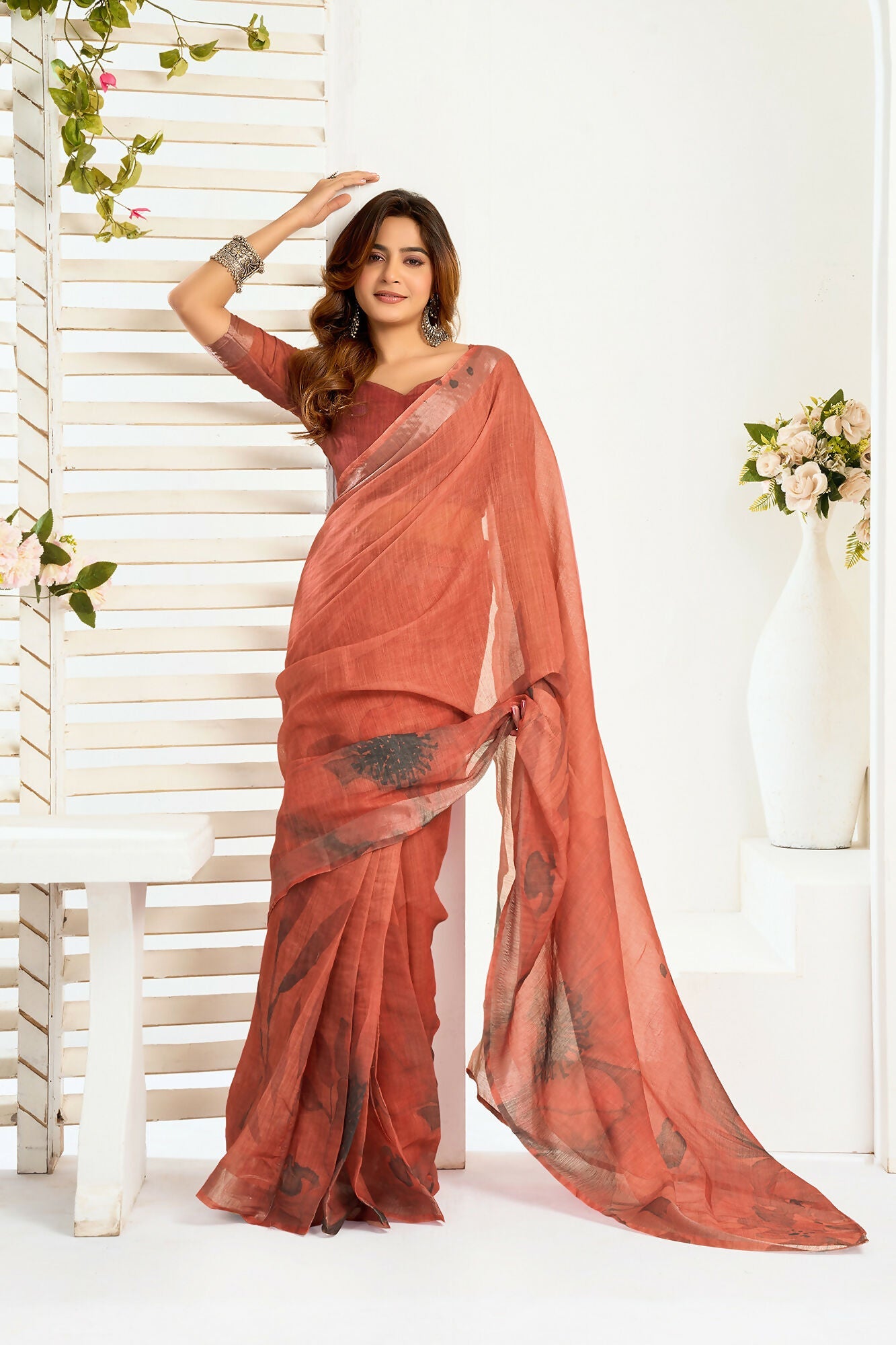 Vastranavya Brown Digital Printed Linen Ready To Wear Designer Saree with Unstitched Blouse