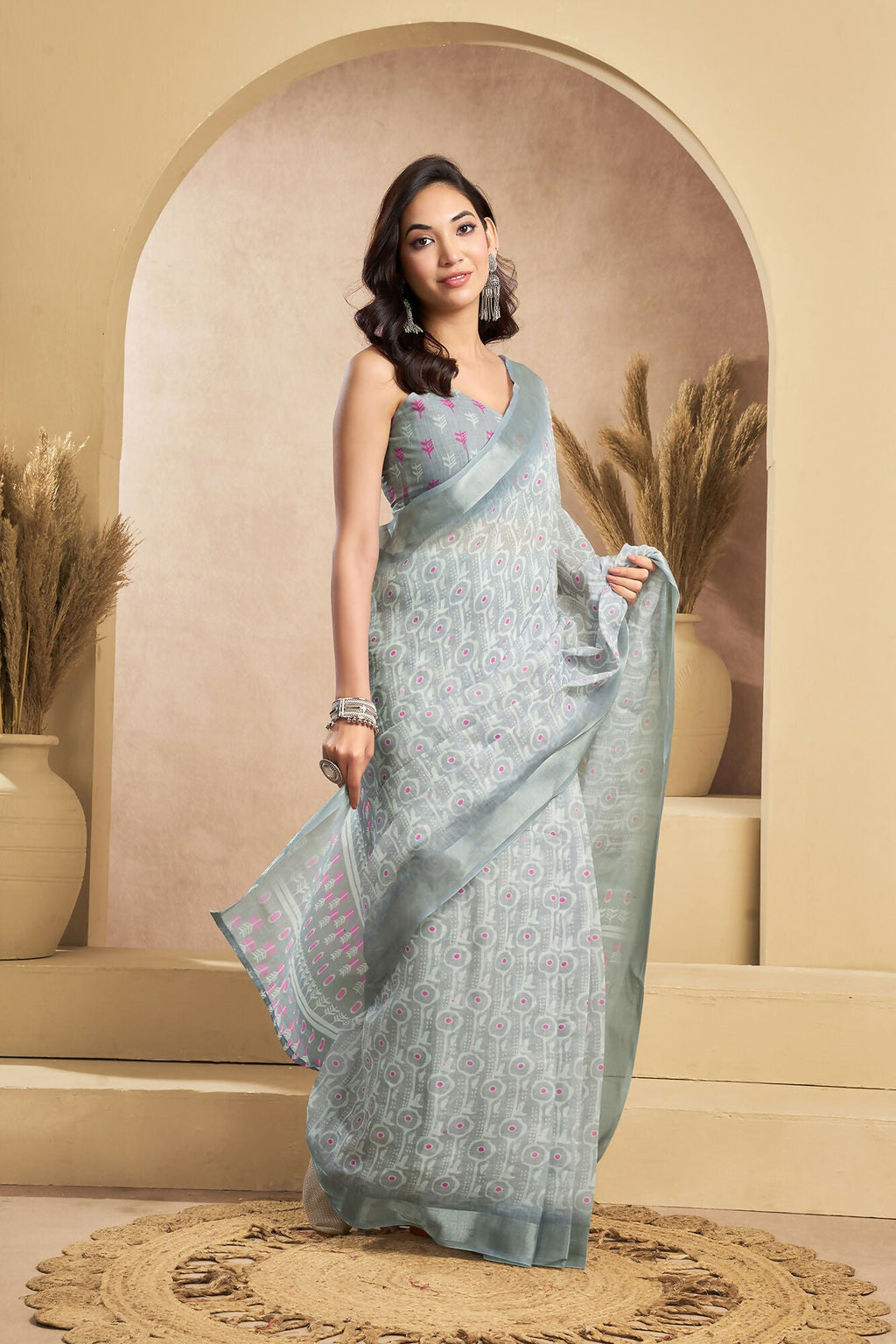 Vastranavya Grey Digital Printed Linen Ready To Wear Designer Saree with Unstitched Blouse