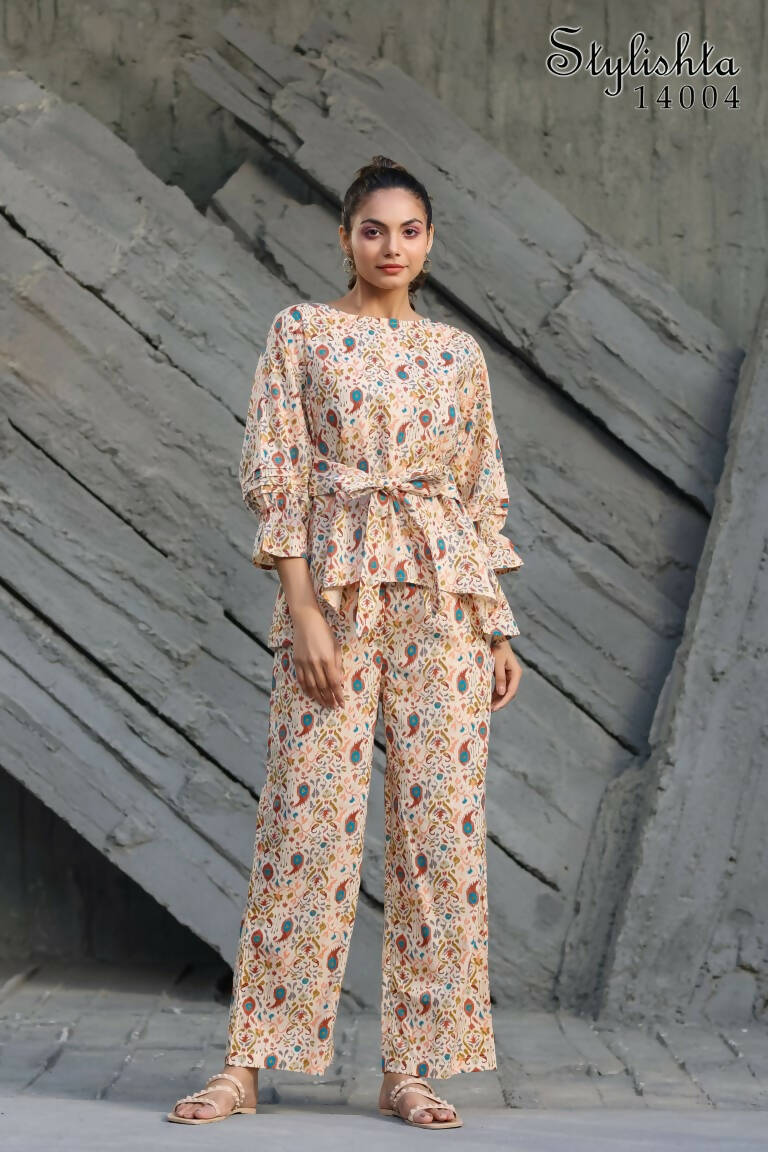 Women's Partywear Designer Cream & Multi Muslin co-ord set - Stylishta