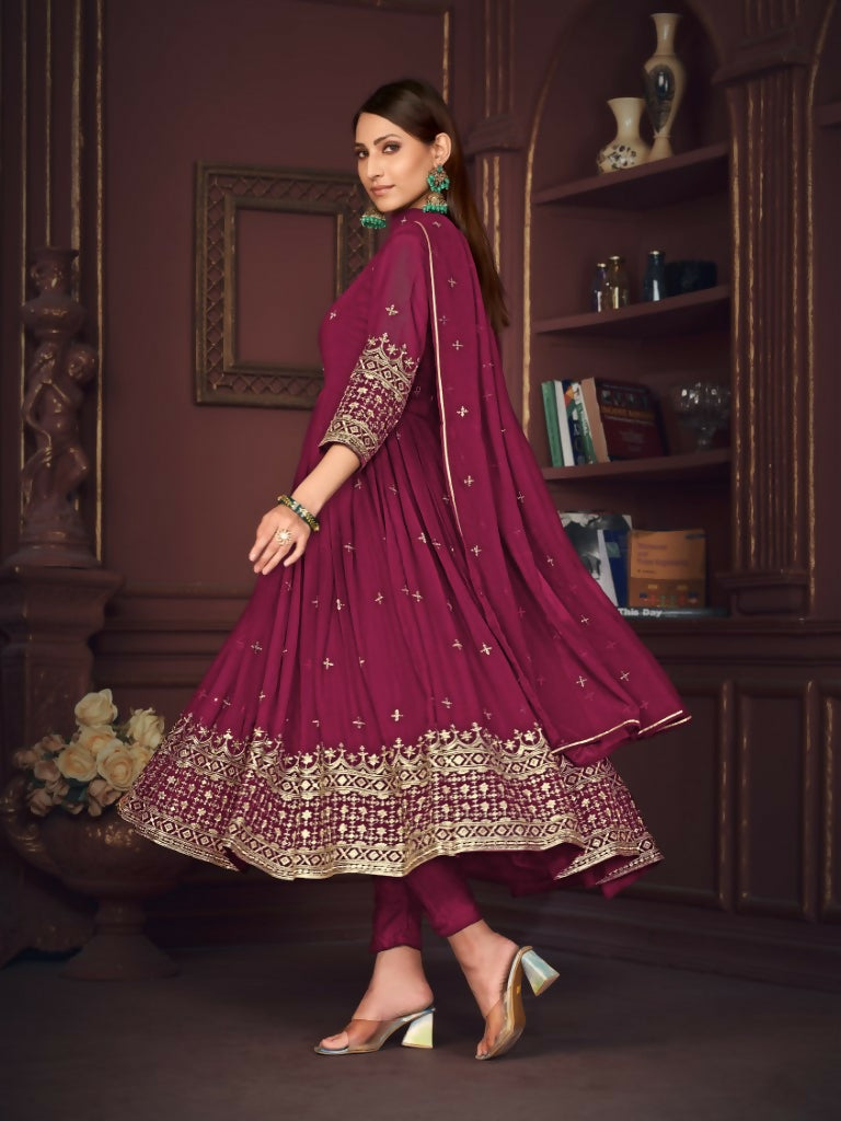 Jyoti Fashion Women's Rani Pink Georgette Embroidered Anarkali Kurta Pant Set With Dupatta