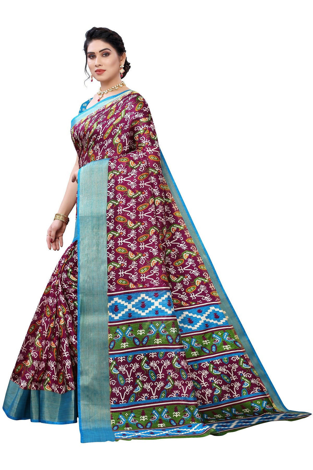 Vamika Purple and Blue Linen Jari Border Saree Online At Low Price