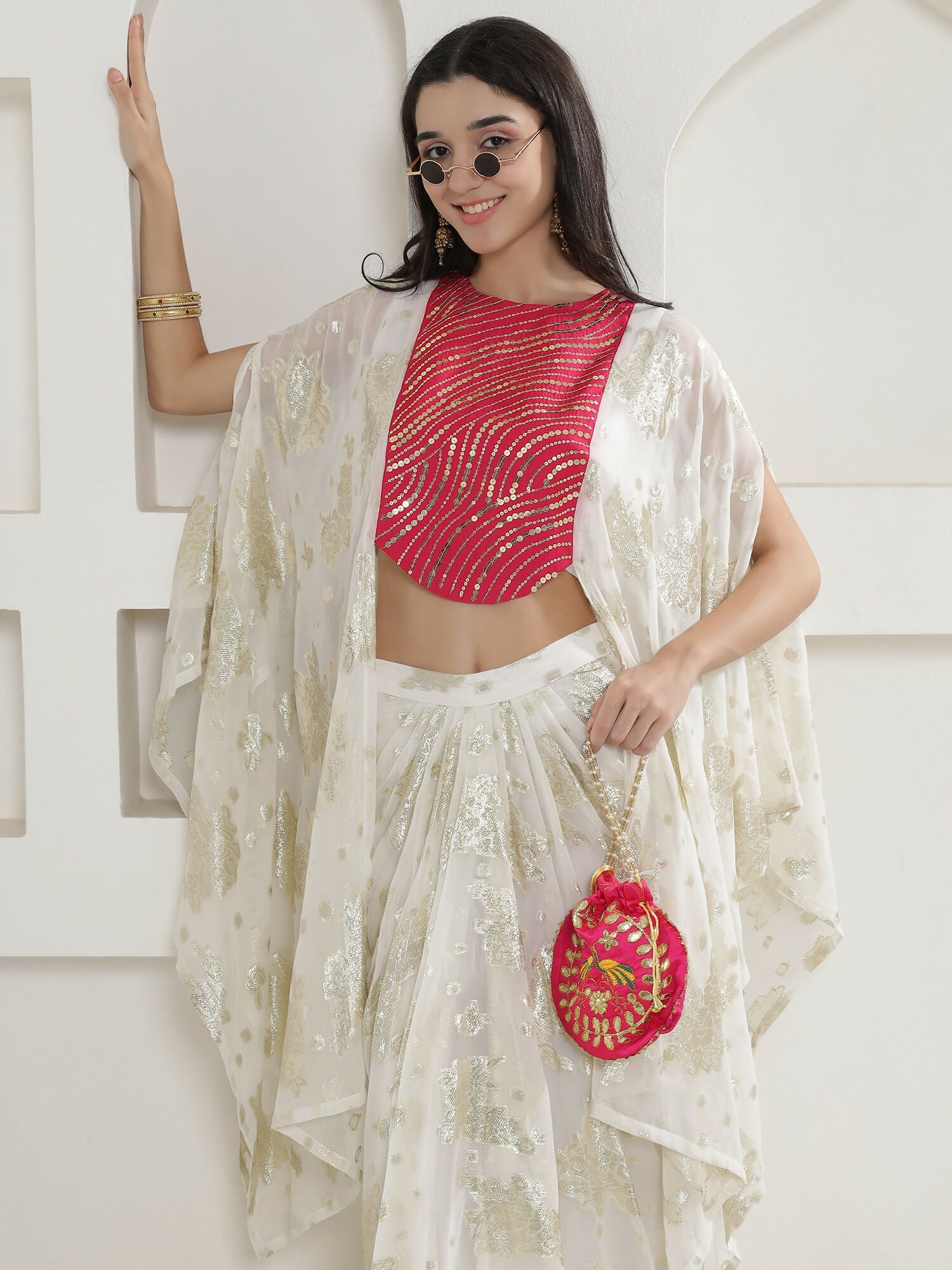Joban Fashion White & Pink Kaftaan With Skirt