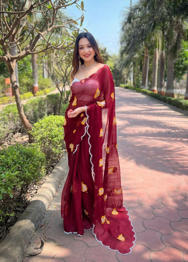 Vamsee Ashvini Maroon Chiffon Saree