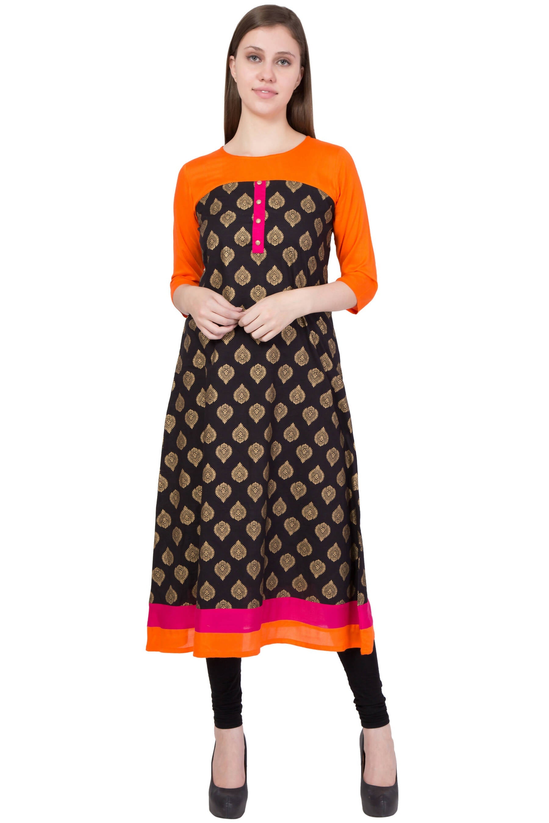 Women's Orange Round Neck Kurti With Contrast Panel In Printed Gold - G & A Apparels