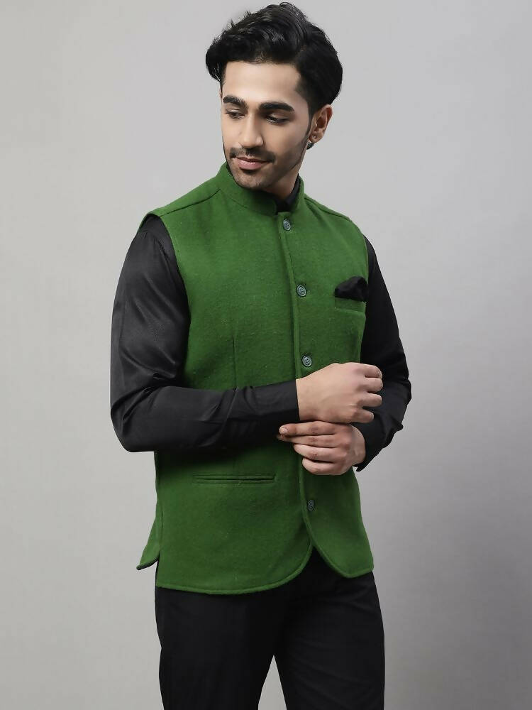 Even Apparels Pure Wool Nehru Jacket - Green