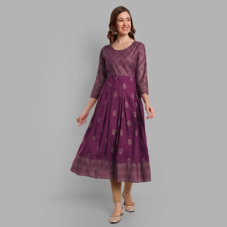 Alvano Beautiful Printed Anarkali Kurta for Women and Girls Casual wear, Partywear, Wedding (Wine)